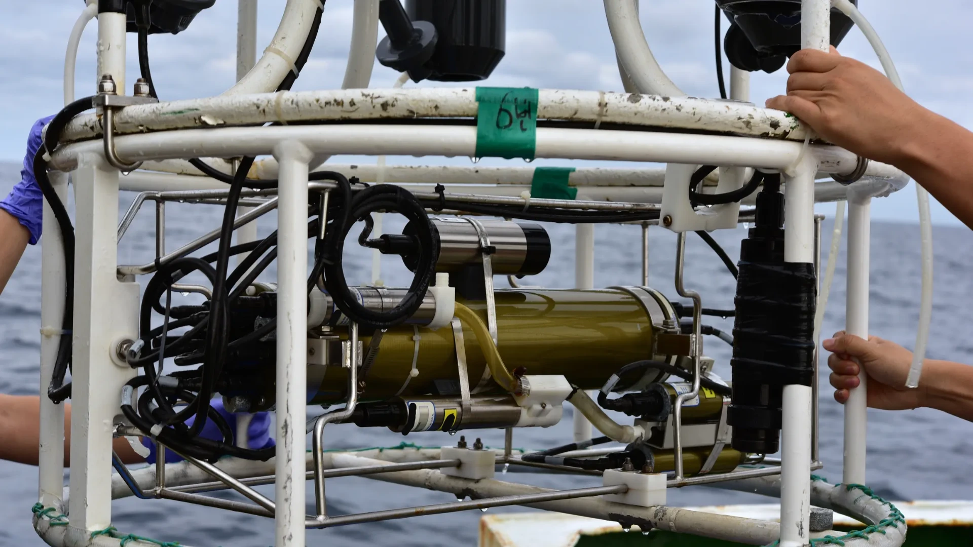 Instrument package being deployed from a research vessel